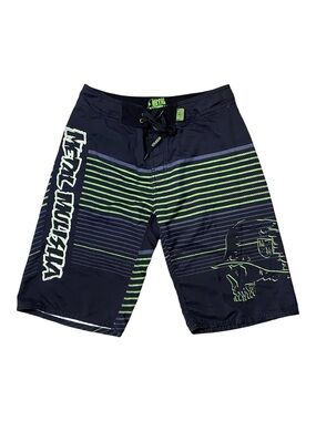 Metal Mulisha Board Shorts Mens Size 30 Swim Trunks Black Green Y2K Skull Surf
